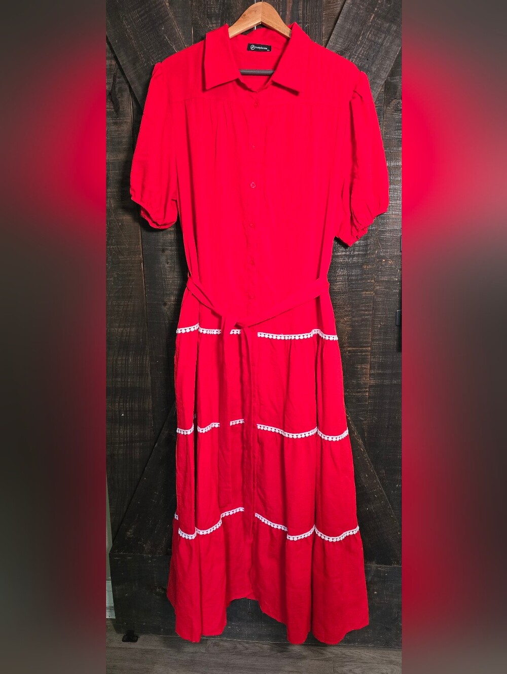 Vintage-Inspired Red Button-Front Midi Dress with Trim With Pockets XXL